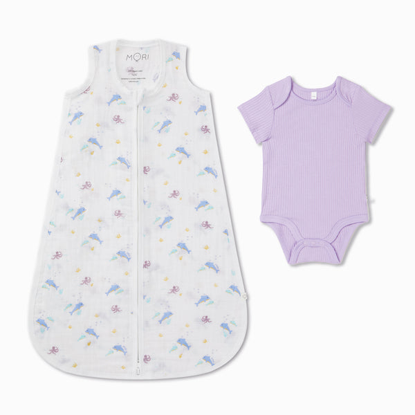 Ocean Muslin Sleeping Bag 0.5 TOG & Ribbed Bodysuit Set Organic Baby Sleepwear MORI Ocean Muslin Sleeping Bag 0.5 TOG & Ribbed Bodysuit Set Organic Baby Sleepwear MORI