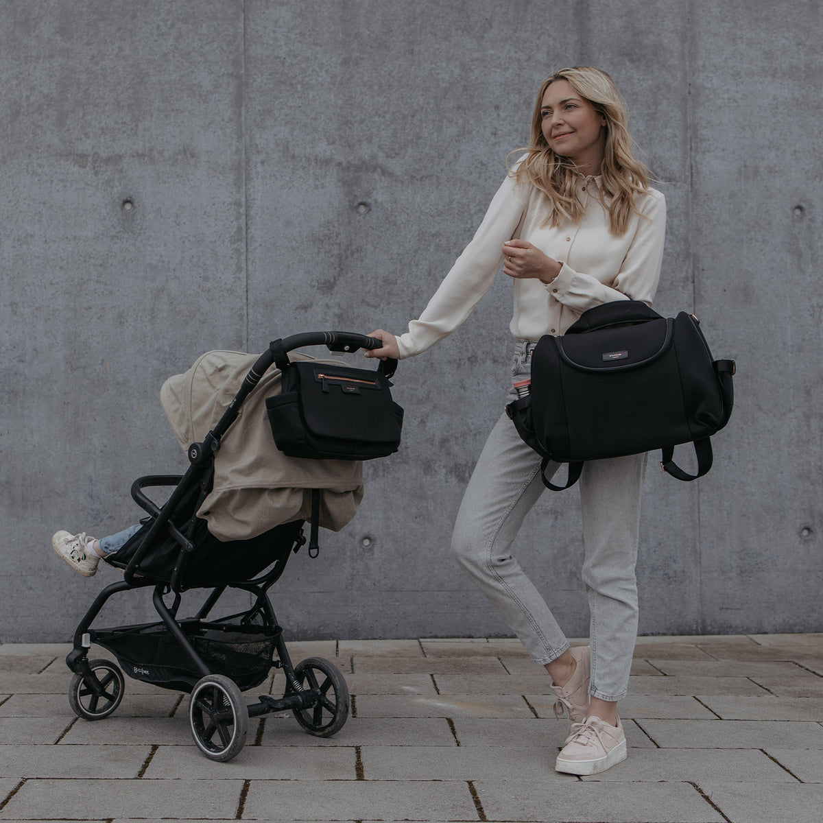 Storksak Stroller Organiser Luxe - Black & Rose Gold