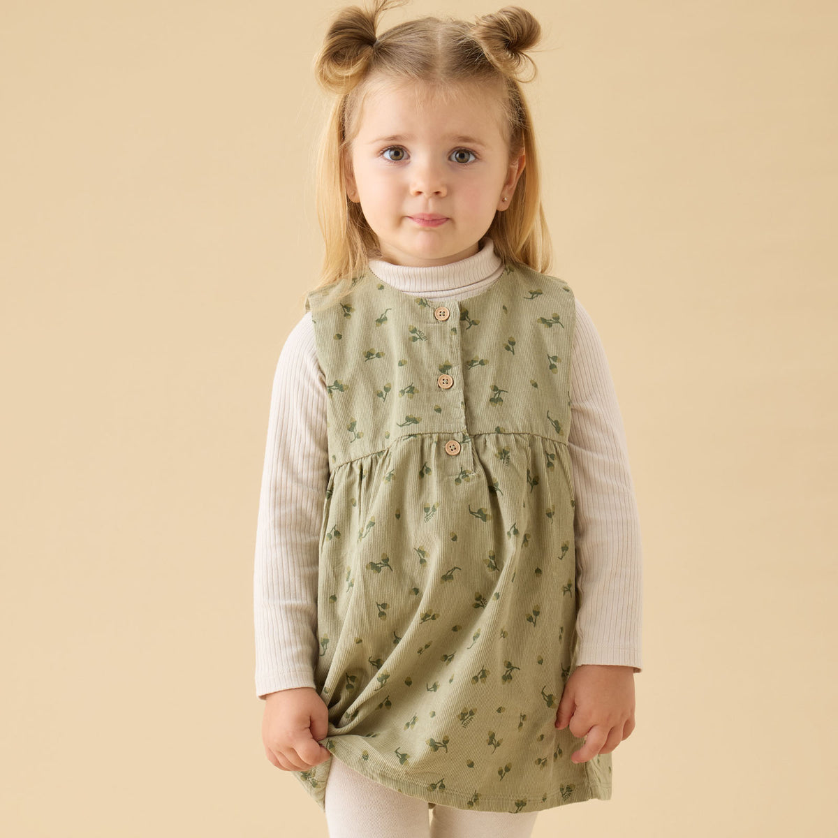 Green Corduroy Acorn Print Button Dress, Ribbed Roll Neck Bodysuit & Tights