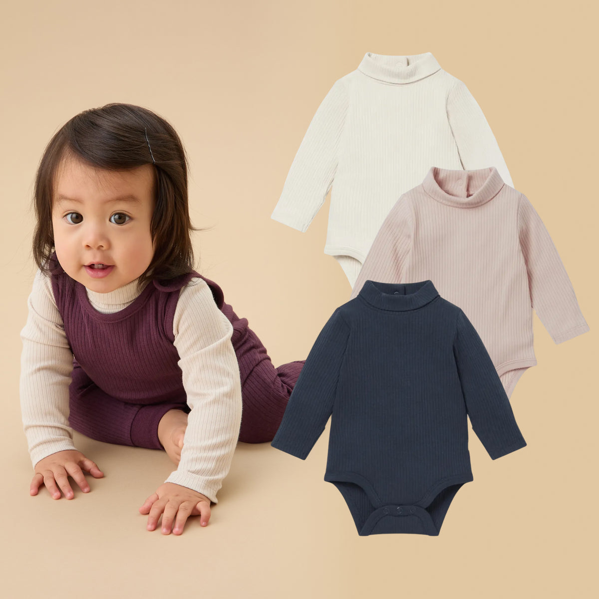 Ribbed Roll Neck Bodysuit 3 Pack