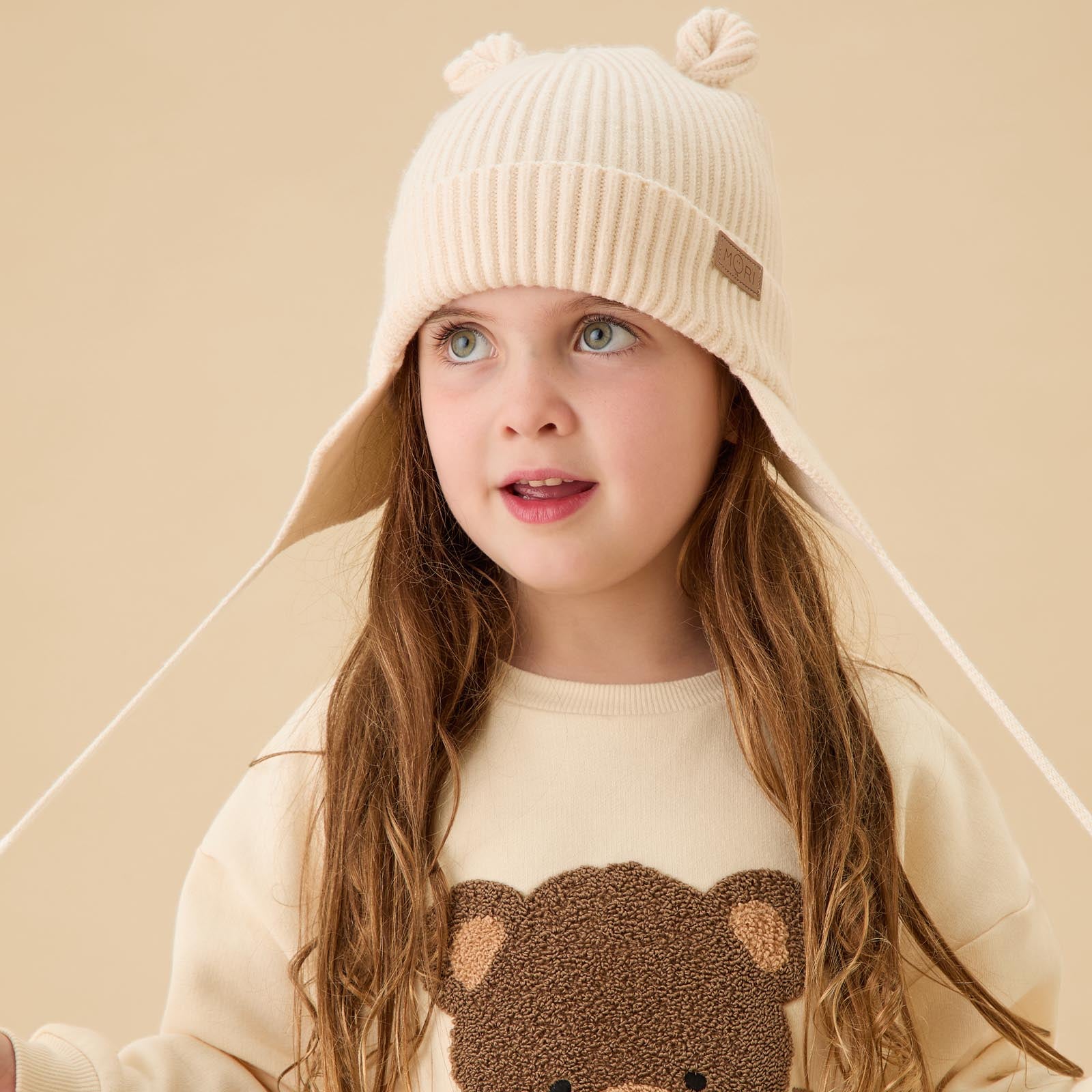 Shop Cream Knitted Baby Hat with Bear Ears | MORI UK