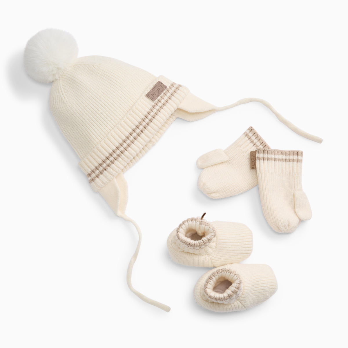 Knitted Pompom Beanie, Baby Mittens & Booties Set