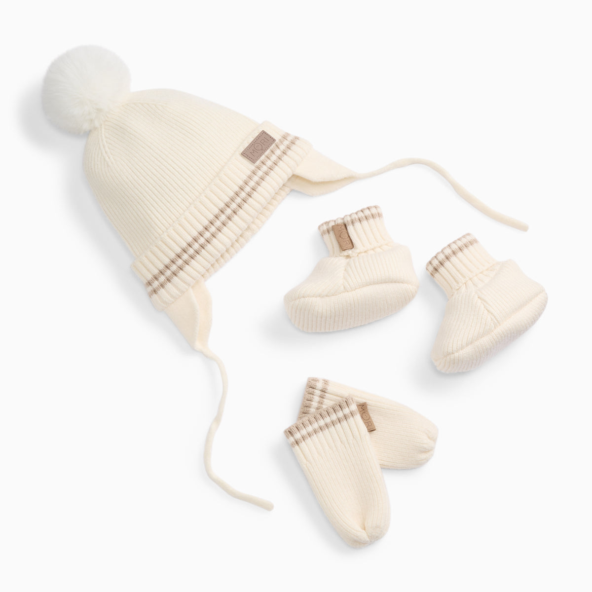 Knitted Pompom Beanie, Baby Mittens & Booties Set