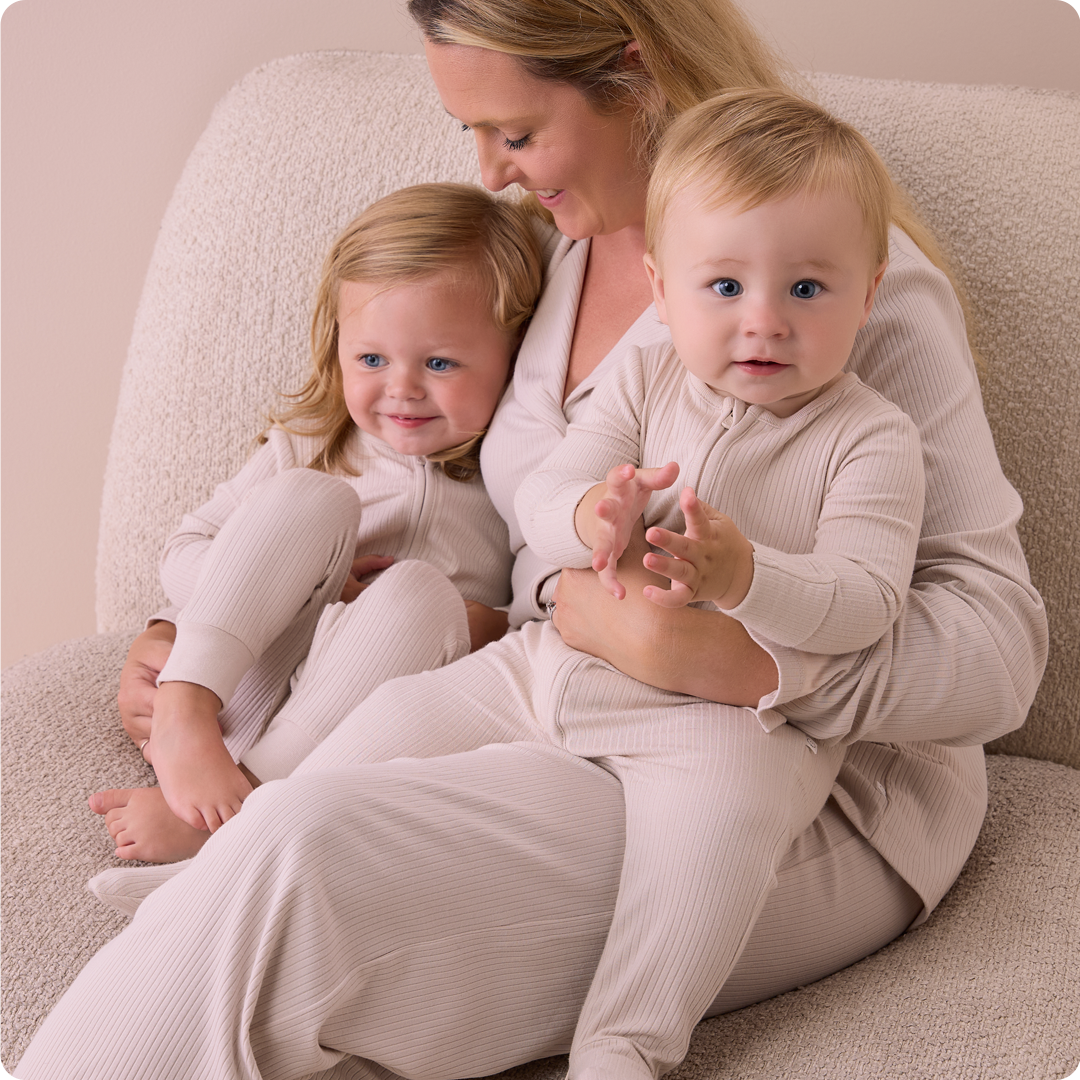 mother and babies in MORI ribbed long sleeve matching pjs