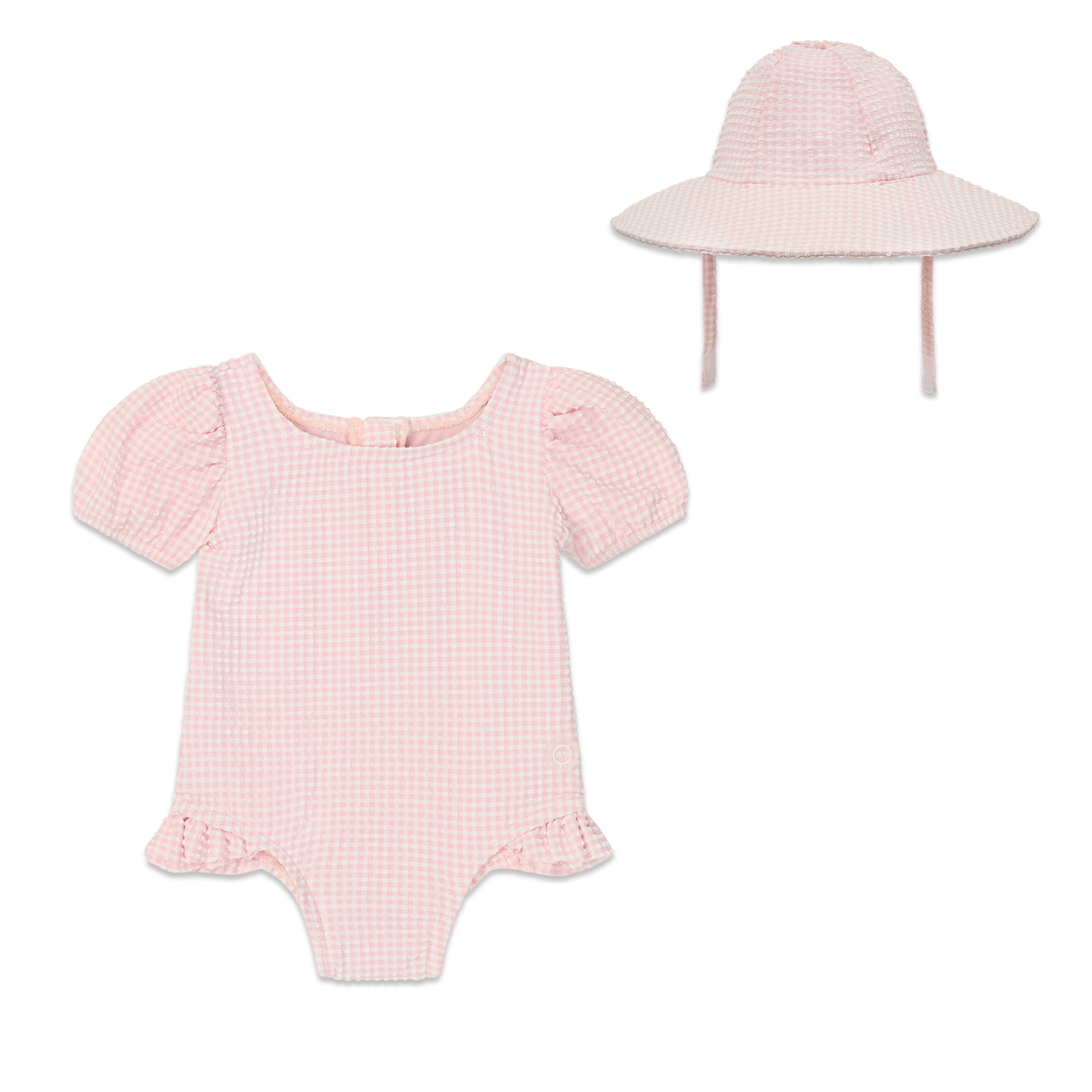 MORI Gingham Seersucker Puff Sleeve Swimsuit & Hat