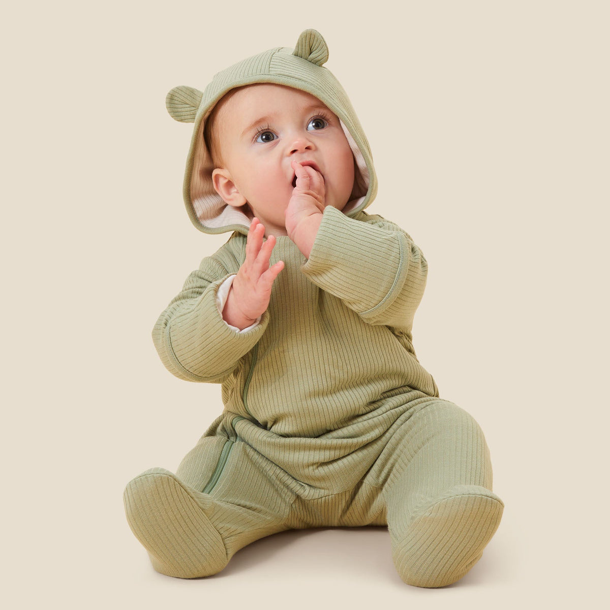 Ribbed Pramsuit - Sage & Ecru
