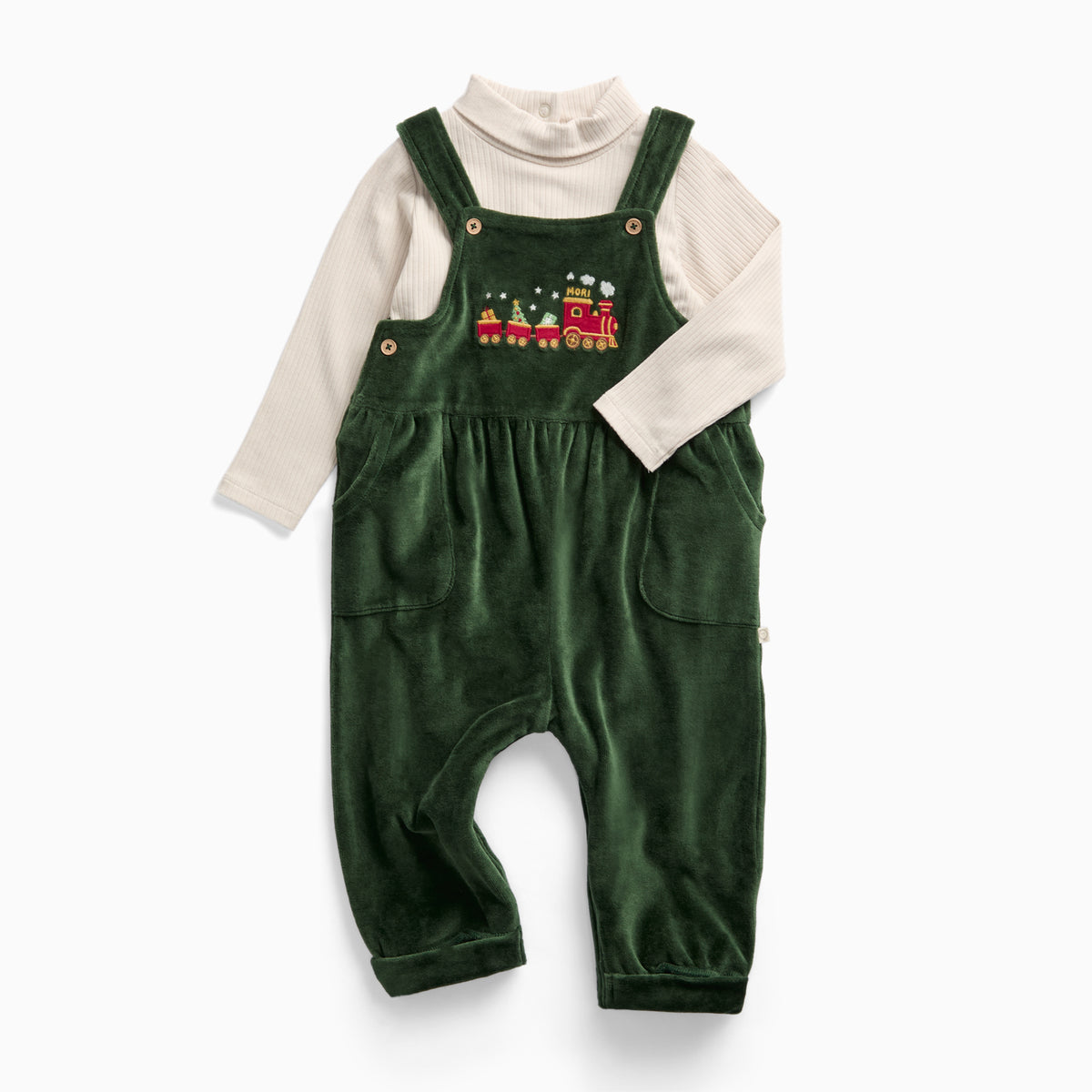 Christmas Train Green Velour Dungarees & Ribbed Roll Neck T-Shirt Outfit
