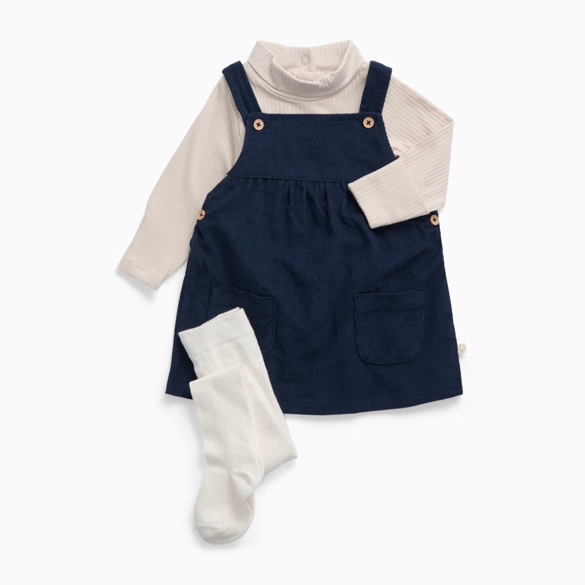 Navy Corduroy Pinafore Dress, Ribbed Roll Neck Bodysuit & Tights