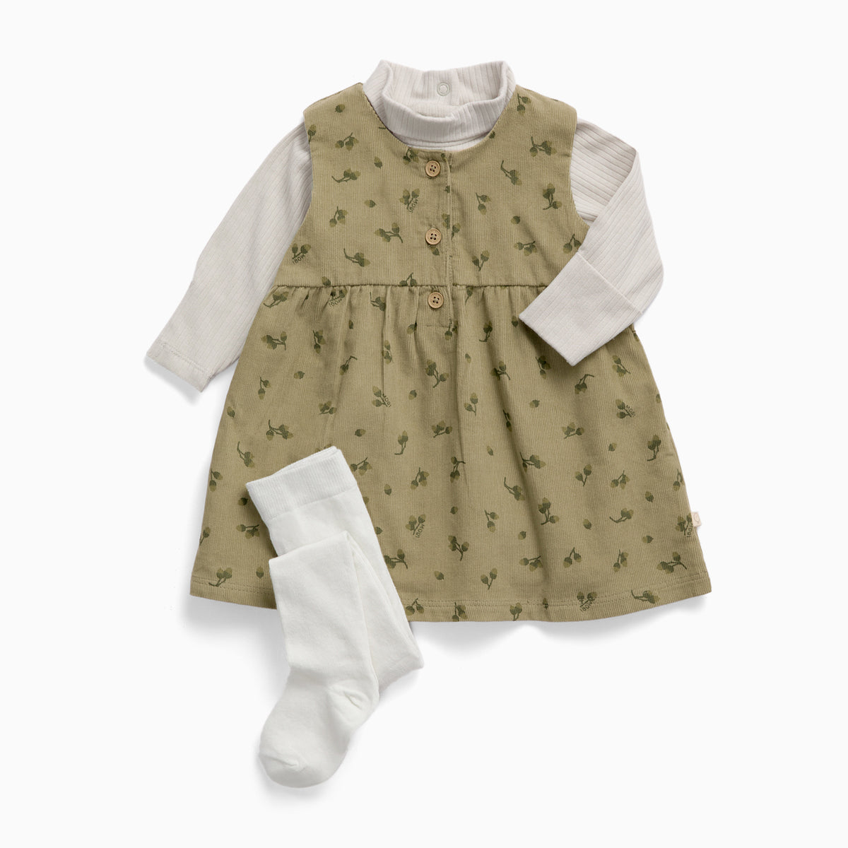 Green Corduroy Acorn Print Button Dress, Ribbed Roll Neck Bodysuit & Tights