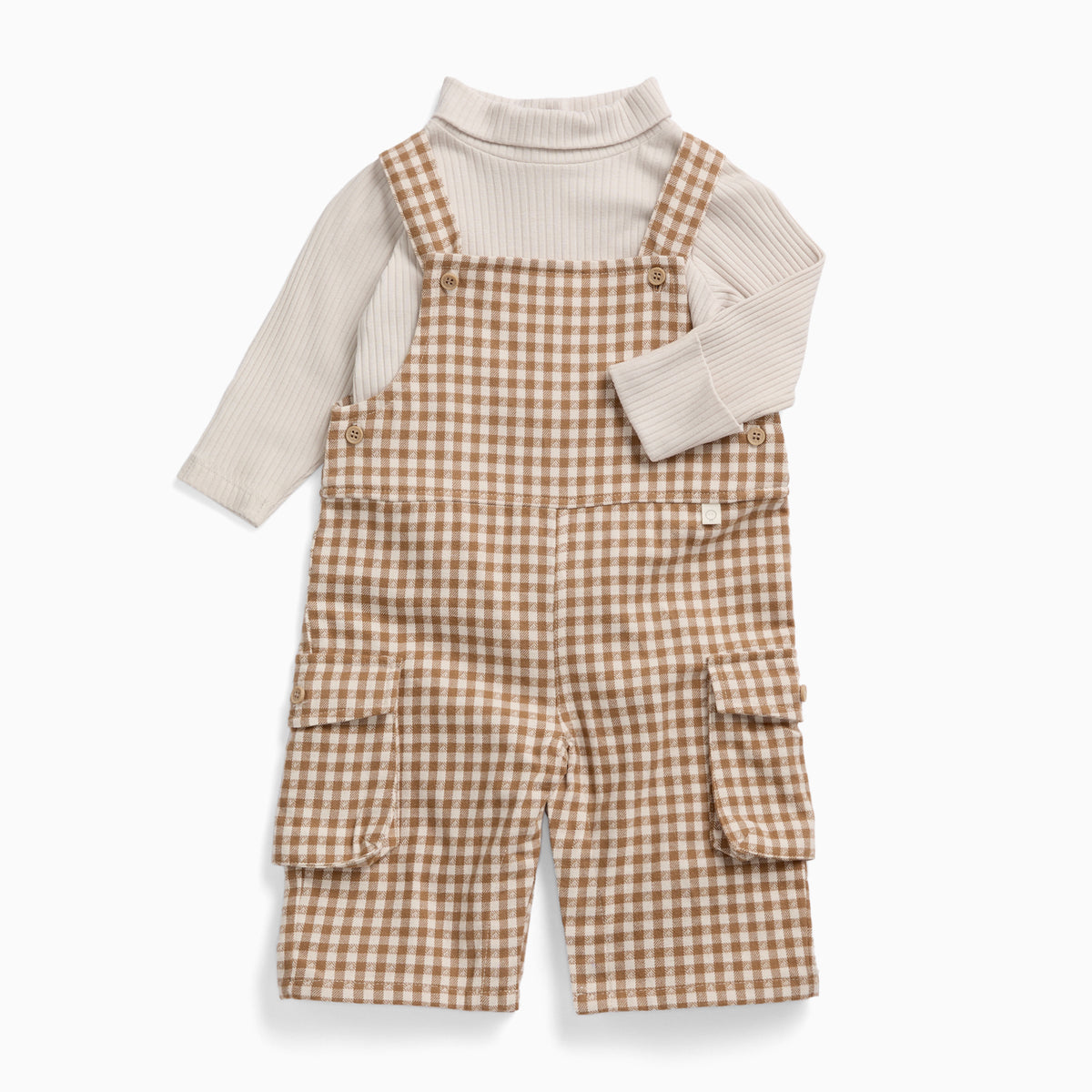 Gingham Dungarees & Ribbed Roll Neck T-Shirt Outfit