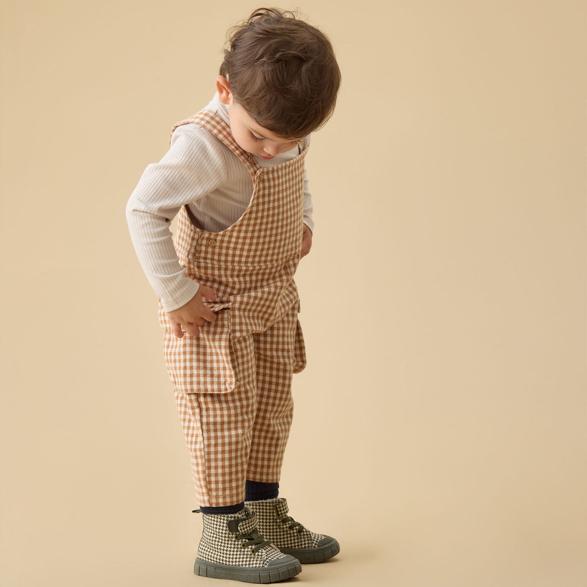 Gingham Dungarees & Ribbed Roll Neck T-Shirt Outfit