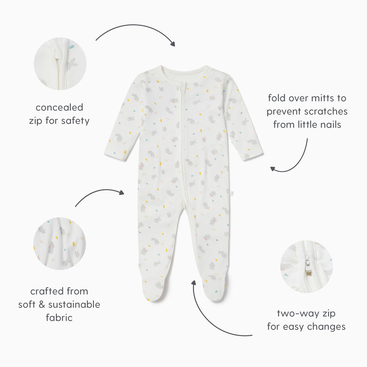 Bunny Printed Clever Zip Sleepsuit