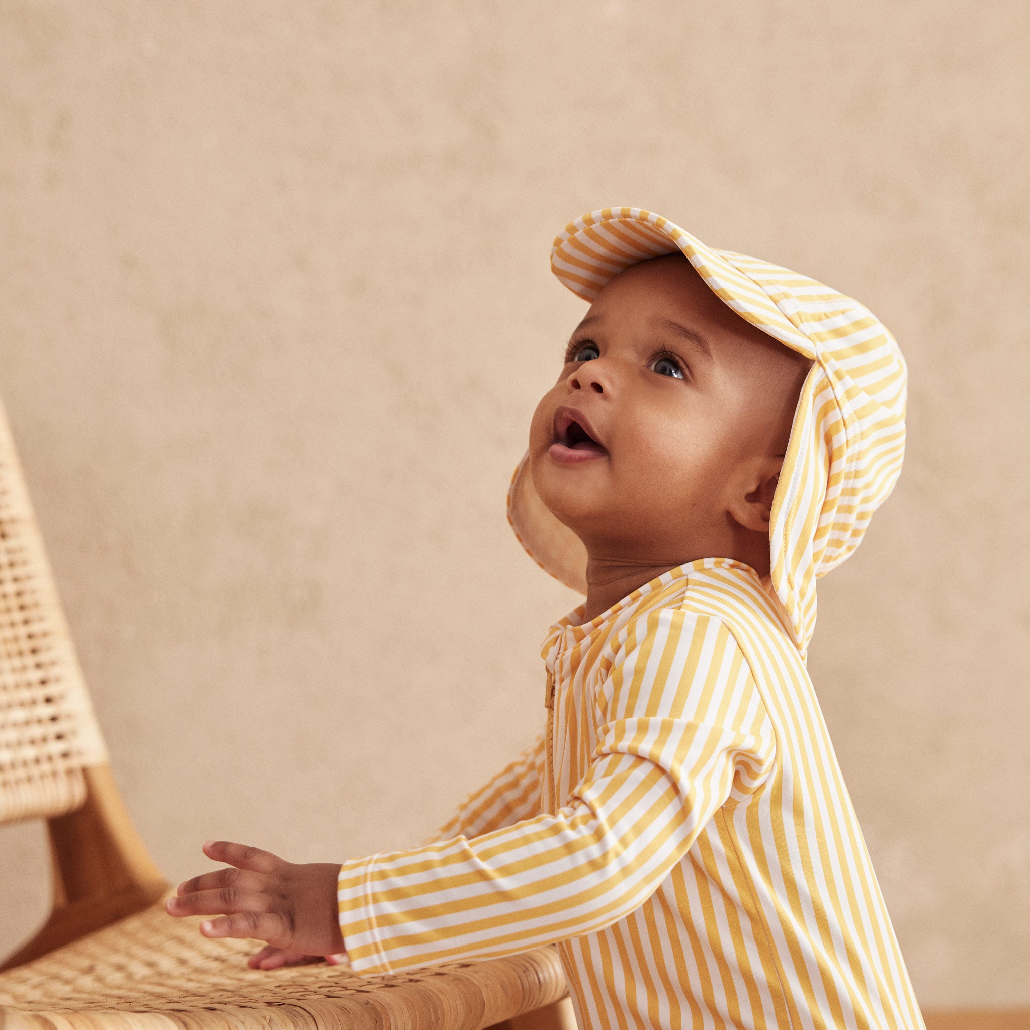 Mustard Stripe Sun Safe Suit Swim Hat Set